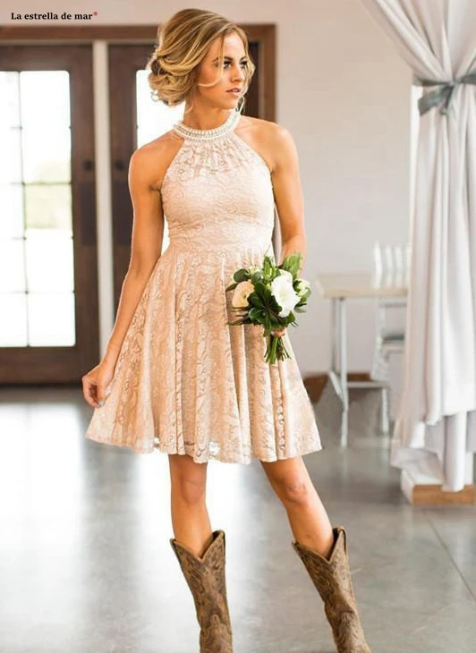 Vestidos fiesta boda Новое Кружевное жемчужное короткое платье подружки невесты с высокой горловиной Aline цвета шампанского на заказ платье мадемуазель