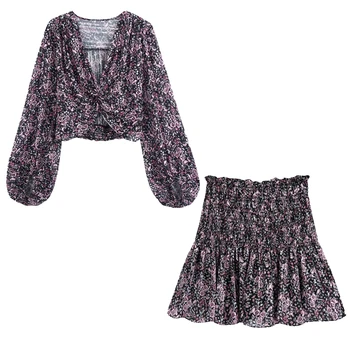 

New Women Summer Two Piece Set Printed Knotted Blouse V-neck Long Puff Sleeves Crop Top & Mini Skirt High-waist Elastic Waist