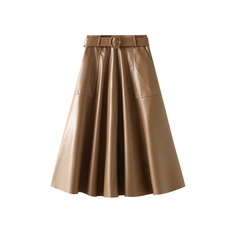 Fall/Winter 2021 PU Leather Skirt Large Swing Belt Pocket and Long Solid Color High Waist A-line | Женская одежда