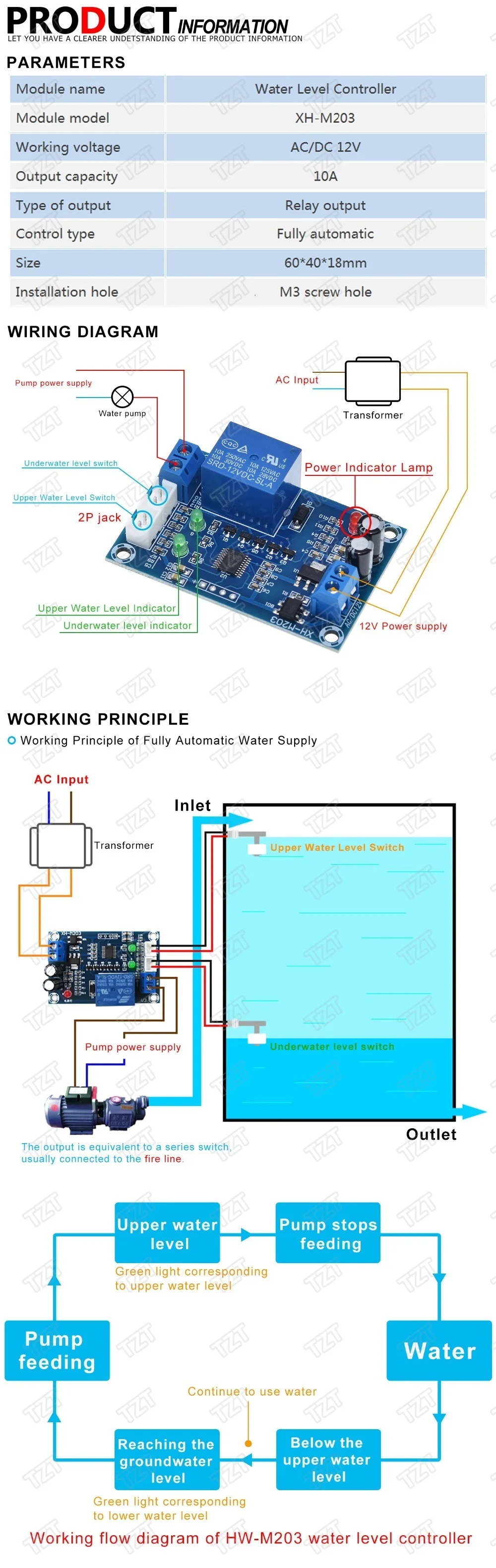 XH-M203 Full Automatic Water Level Controller Pump Switch Module AC/DC 12V Relay