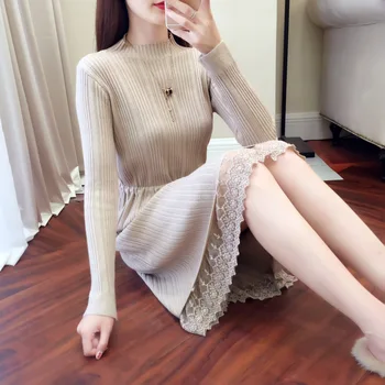 

2020 Autumn Clothing New Style Lace Base WOMEN'S Knitted Dress Mid-length Korean-style Fashion Autumn and Winter Sweater Skirt