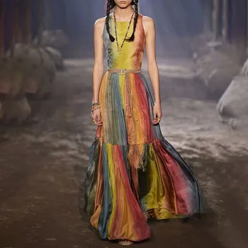 

2020 Runway Dress Women Hollow Out backless Sleeveless Tie Die HOliday Dress Bohemian Tank Long Pleated Beach Dress