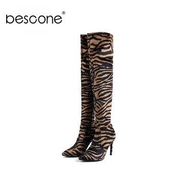 

BESCONE Fashion Women Over The Knee Boots Pointed Toe Leopard Print Zipper Thin Heel Shoes New Basic Handmade Ladies Boots BY178