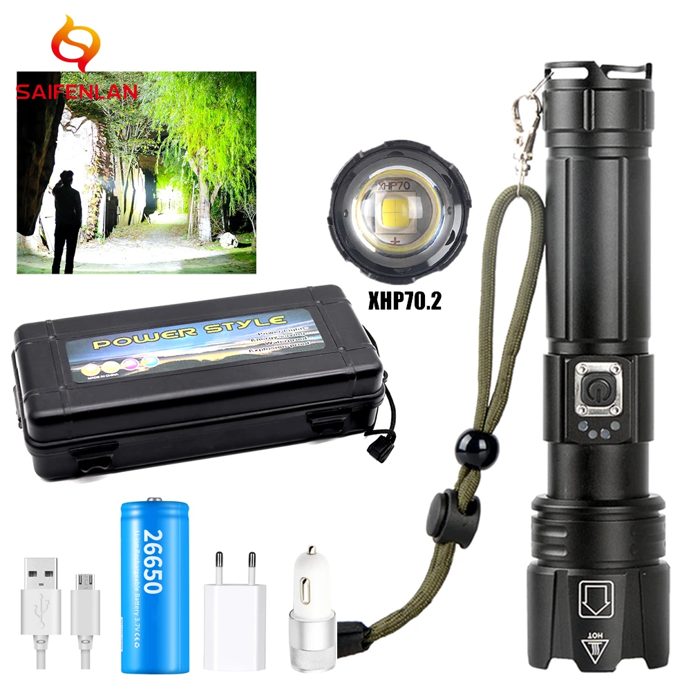 

Portable Tactical LED Flashlight xhp70.2 xhp50 90000 most powerful USB Flashlight 26650 18650 Torch Zoomable Hunting Lamp