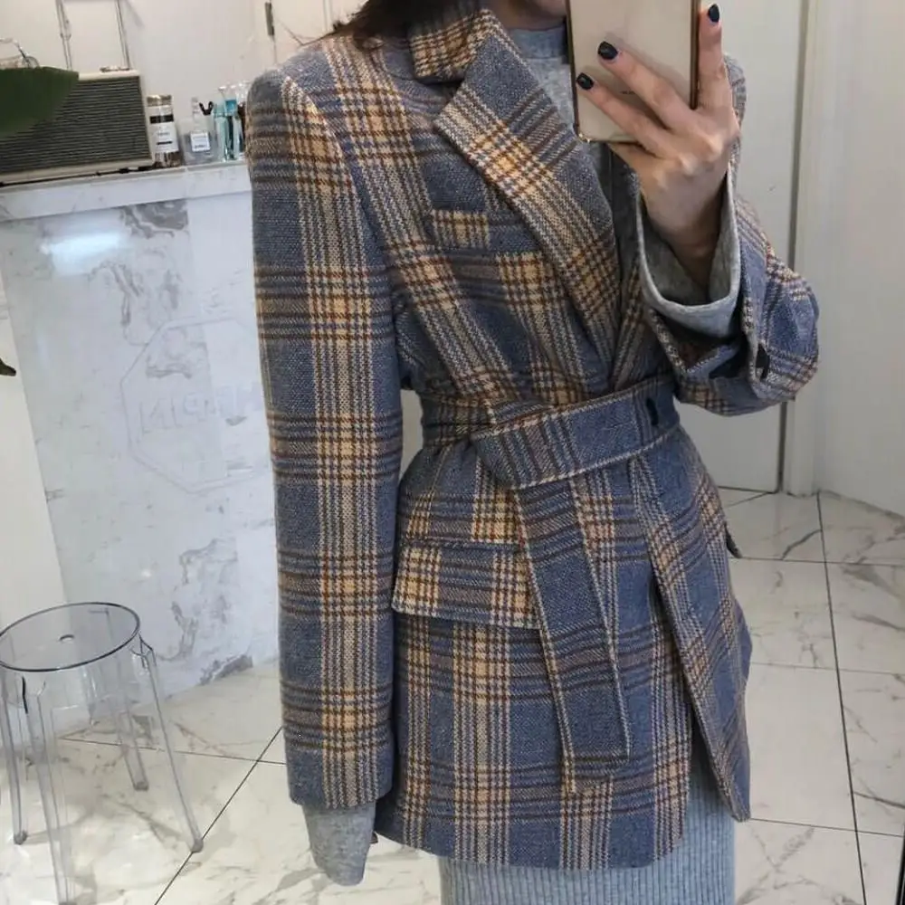 60% OFF Women Winter Notched Plaid Blazer Suit Belt Single Breasted Thin Woolen Coat Vintage Long Outwear