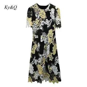 

Vintage Fashion Lace Dress 2020 Summer Elegant Lace Color Short Sleeve High Waist O-Neck Flower Luxury Dress Party Clothes