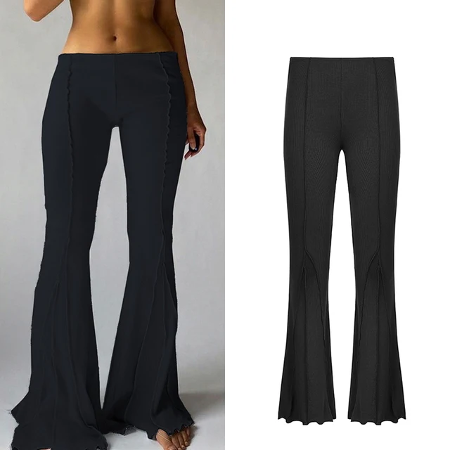 CIBBAR Solid Low Waist Ribbed Flare Pants Women Summer Slim Elegant Casual Elastic Trousers Female Fashion All-Match Streetwear black