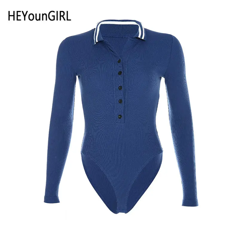 HEYounGIRL базовые повседневные боди с длинными рукавами женские полосатые облегающие комбинезоны с отложным воротником дамские модные корейские женские боди - Цвет: Синий