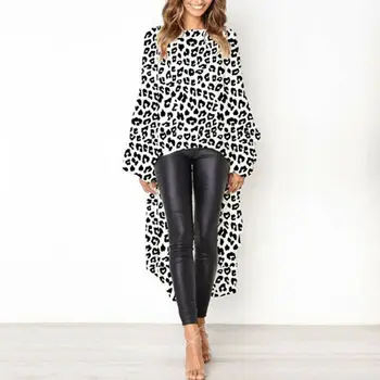 

Spring Fashion Irregular Back Long Front Short Dress For Women Casual Long Sleeve O-Neck Leopard Dress Loose Plus Size Female