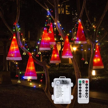 

Christmas Decor 8Pcs Hanging Lighted Glowing Santa Hats with Small Bells Christmas Light String for Outdoor, Indoor, Yard, Tree