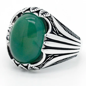 

Green Agate Ring for Men Women Gift 925 Sterling Silver Natural Gemstone Ring Leaves Design Vintage Turkish Silver Fine Jewelry