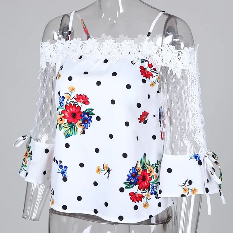 Autumn Women Elegant Stylish Party Top Female Fashion Basic Casual Shirt Cold Shoulder Mesh Insert Dots Floral Print Blouse - Image 2