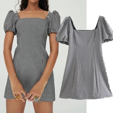 

Elmsk Summer Party Dress Women Vestidos Enlgand Style Fashion High Street Vintage Square Collar Plaid Sexy Mini Dress Women