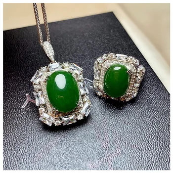 

MEIBAPJ SPECIAL NATURAL NEPHRITE JADE GEMSTONE JEWELRY SET 925 STERLING SILVER 2 SUIT GREEN STONE FINE JEWELRY FOR WOMEN