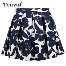Tonval 1XL до 4XL плюс размер винтажные Юбки Женская Ретро одежда линия темно-синий цветочный принт дна до колена плиссированный материал юбка