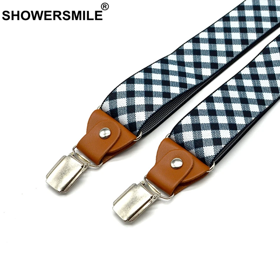 Подтяжки SHOWERSMILE мужские в клетку Винтажные эластичные Свадебные подтяжки чёрные
