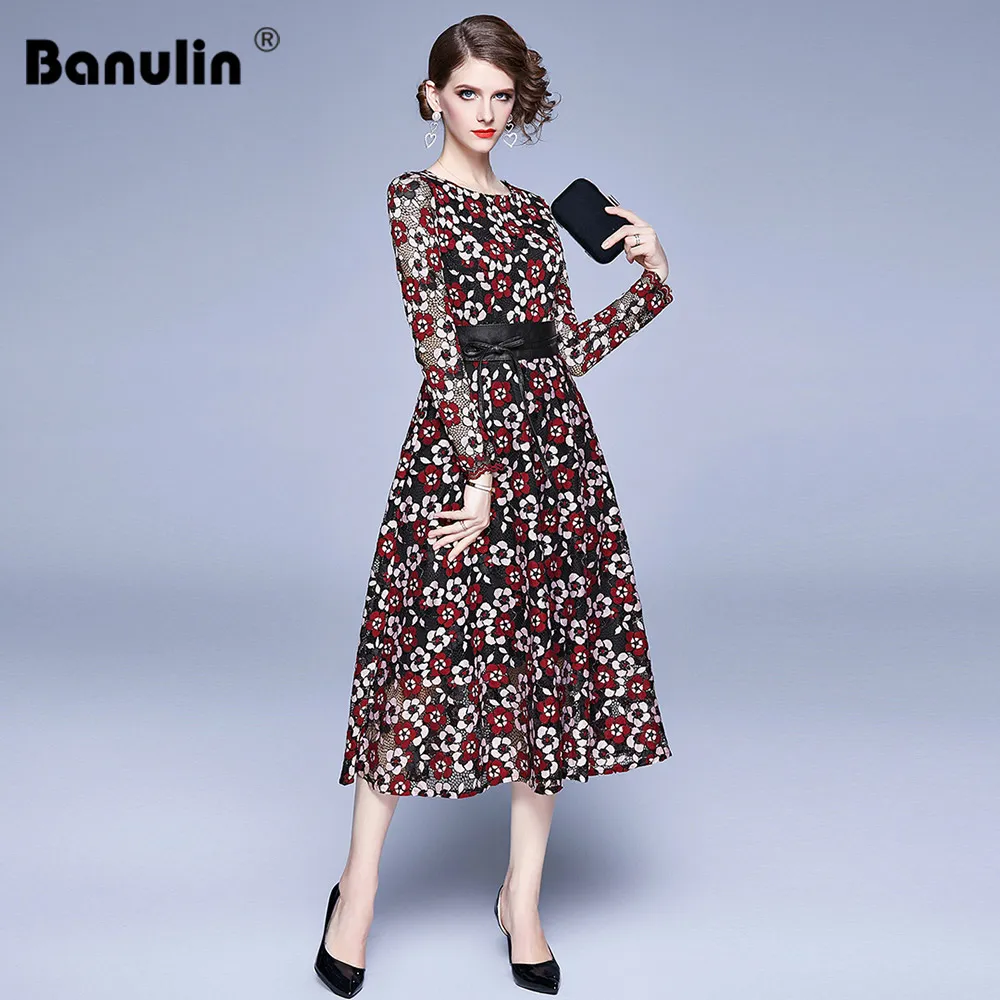 

Banulin New Fashion 2020 Designer Runway self portrait Dress Women's Long Sleeve Flowers Embroidery Retro Patchwork Lace Dress