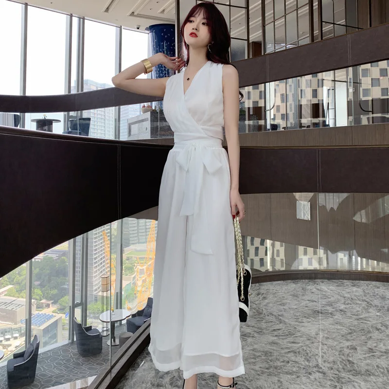 2022 Summer 2 Piece Set Chiffon Women Suit Elegant Party V Neck Sashes Short Tops and Long Wide Leg Pants Set Two Piece Suit