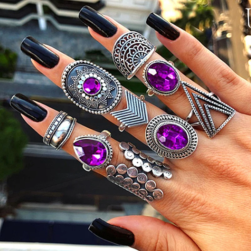 

9 Pcs/set Punk Exaggerated Geometry Triangle Arrow Sun Gem Purple Crystal Ring Set Personality Girl Party Ring Jewelry O5P230