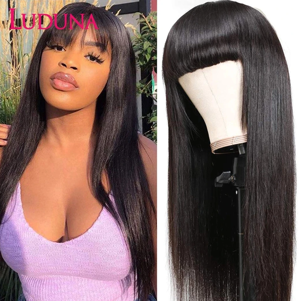 Luduna Straight Human Hair Wigs With Bangs Brazilian For Women 150% Density Remy Glueless Wig | Шиньоны и парики
