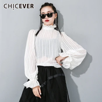 

CHICEVER Korean Elegant Perspective T Shirt Women Turtleneck Butterfly Sleeve Slim Pullover Shirt Female 2020 Autumn Clothes New