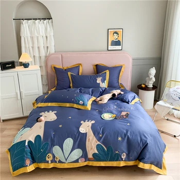 

Cartoon Giraffe Embroidery 600TC Egyptian Cotton Bedding Set Double Duvet Cover Bed Linen Fitted Sheet Pillowcase Gift For Child
