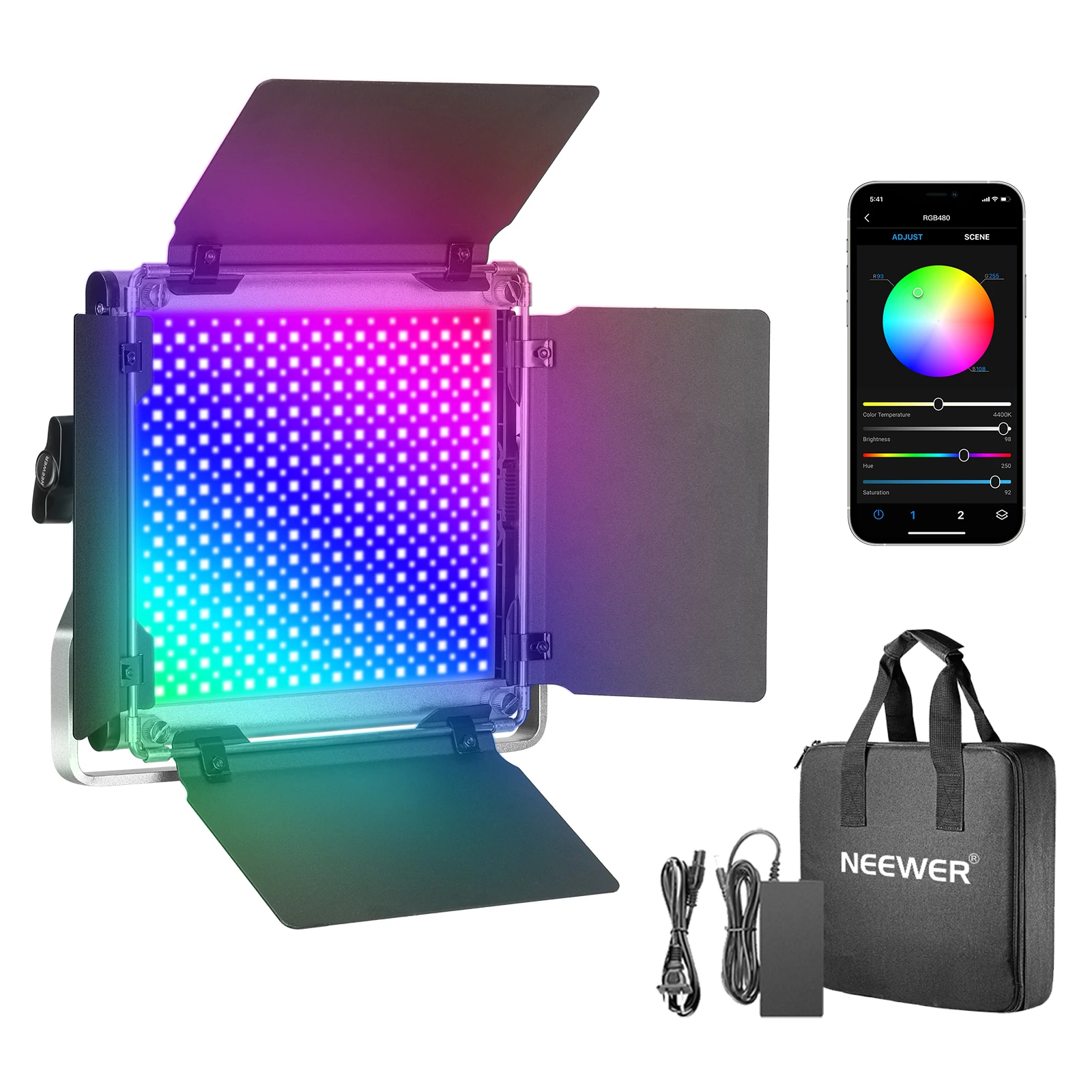 Neewer RGB Led Video Light with APP Phone ControlAdjustable 7 Modes+ Bi-Colors CRI95 / Brightness 0% -100%Barndoor + Screen