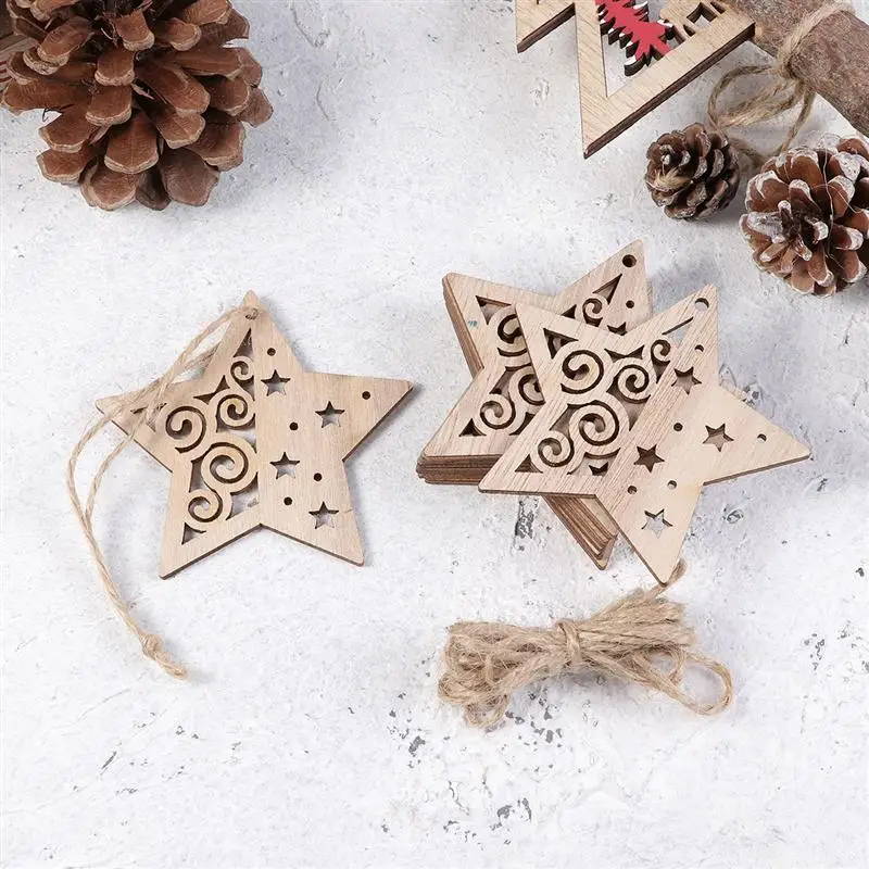 

10 Pcs Christmas Tree Hanging Hollow Starry Wave Natural Wood Hanging Ornament Hanging Plaque for Festivals Christmas Xmas Party