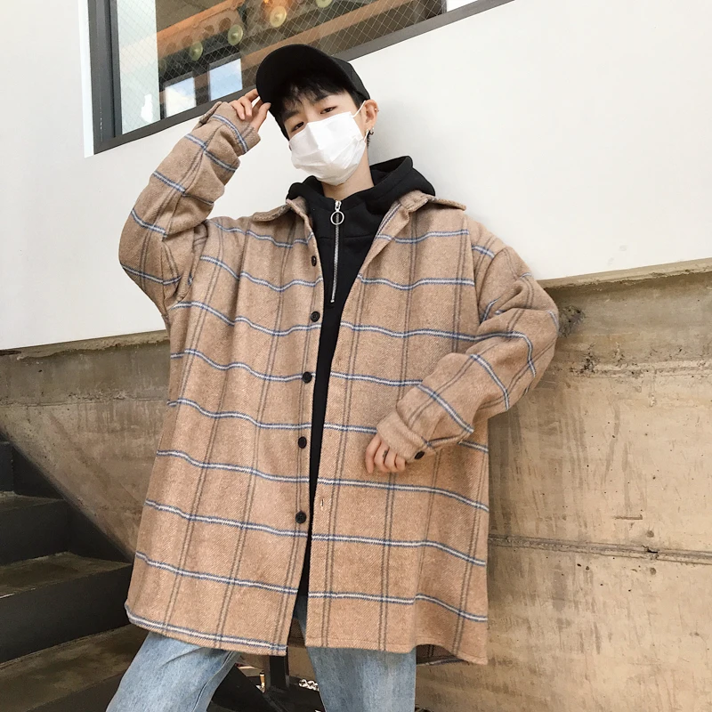 Korean style jacket coat loose wild tide brand casual oversized men's beige purple plaid stripe windbreaker streetwear harajuku | Мужская