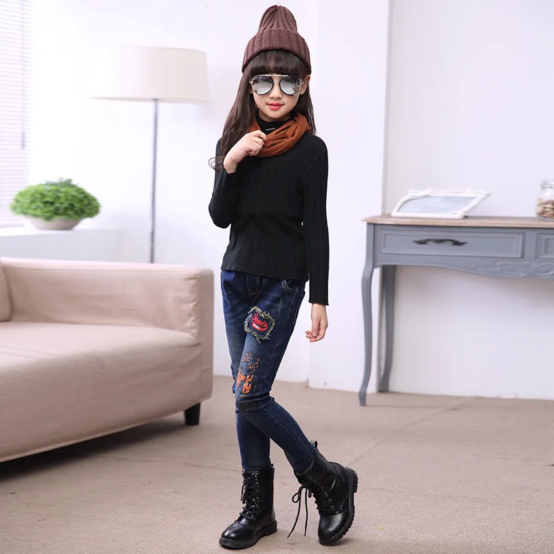 Girls Brushed And Thick Jeans Trousers Children Big Boy Young STUDENT'S Autumn And Winter Oil Painting Skinny Slim Fit Pants
