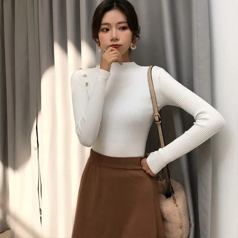 Black sweater Women Autumn Winter New Button Slim Turtleneck Sweater Female Simple All-match Solid Color Knit Pullover Sweaters