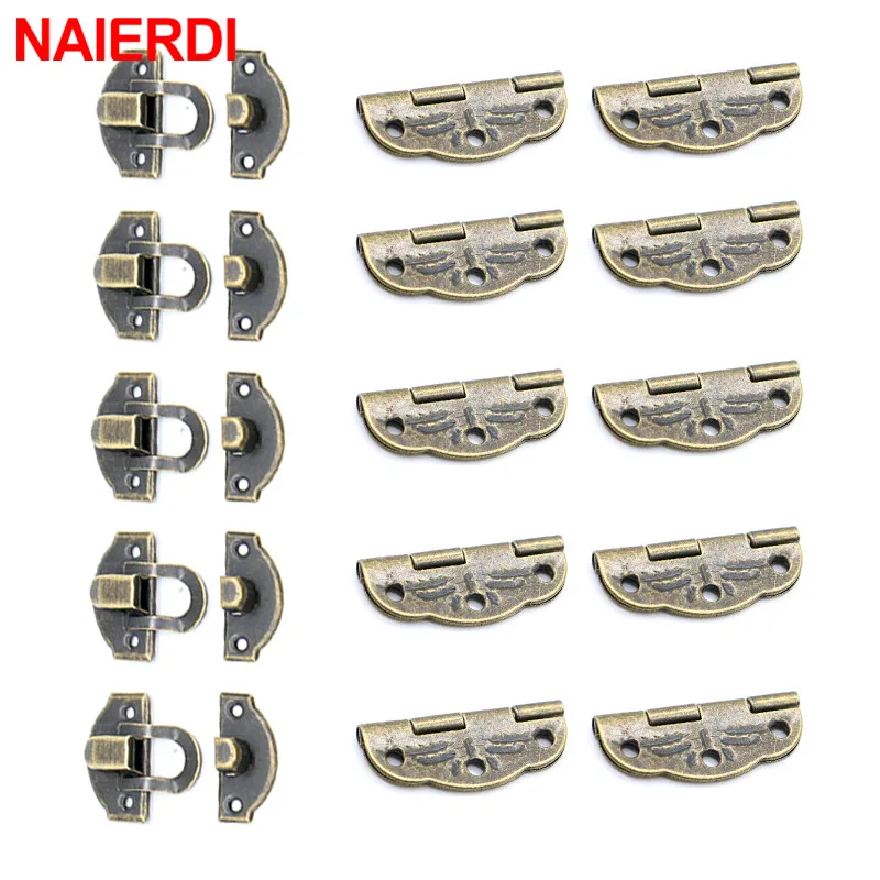 10PCS Antique Bronze Hinges Cabinet Mini Hinge 5PCS Small Antique Metal Hasps Lock For Jewelry Storage Wood Box NAIERDI