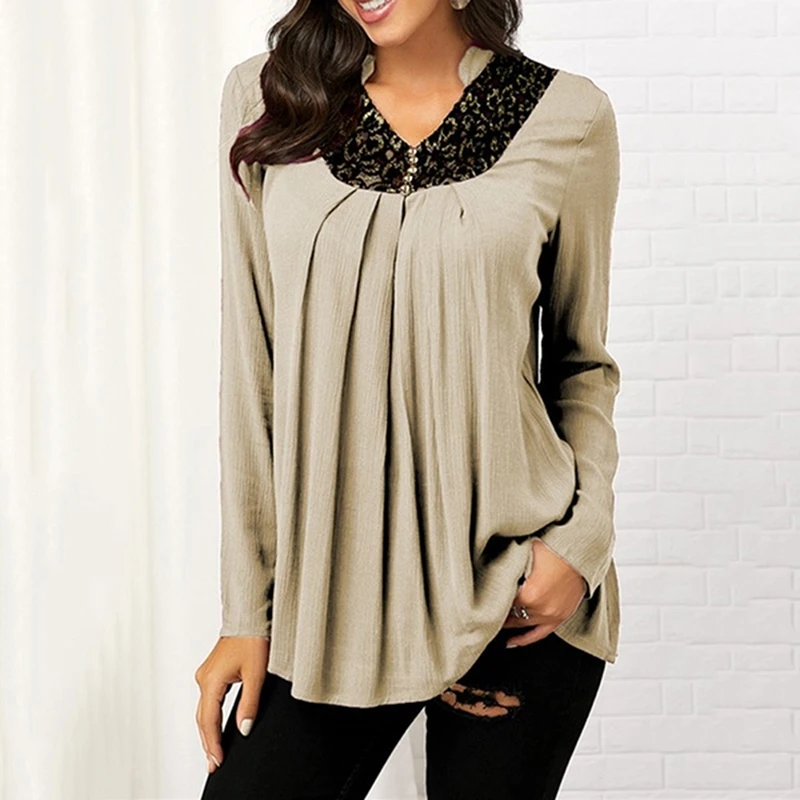 Beige Новая футболка Для женщин модное кружевное платье с длинными рукавами на пуговицах с высоким, плотно облегающим шею воротником Повседневная рубашка пуловер Топы Леди Топы женственная v-образным вырезом большой Размеры - Цвет: Beige