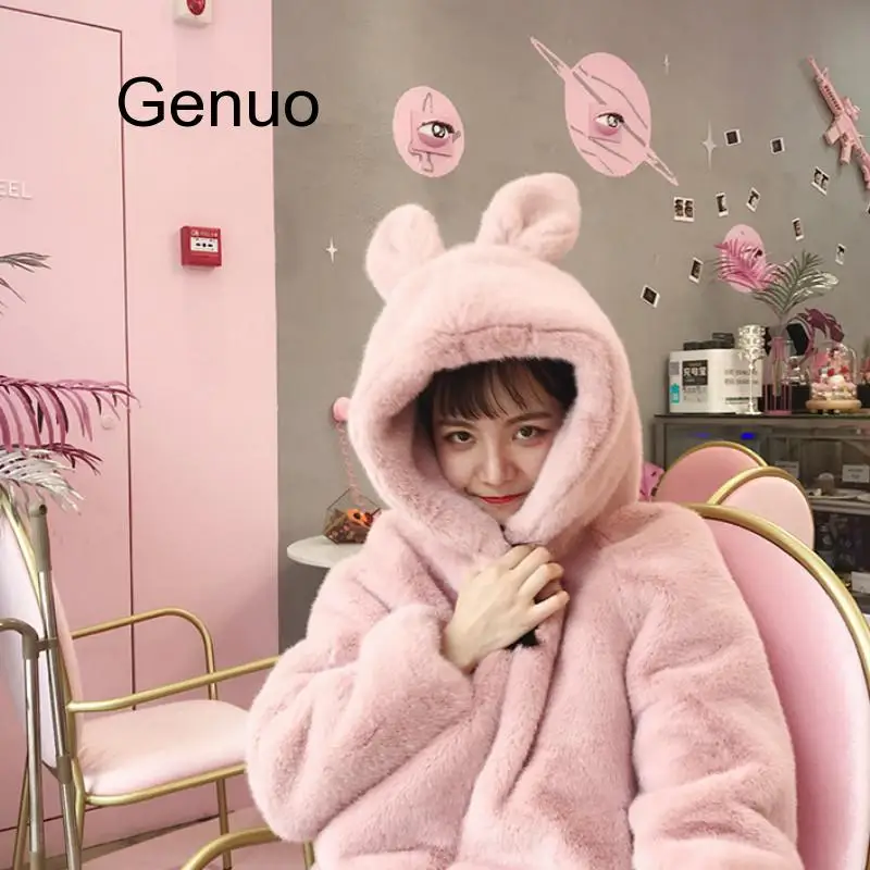 Sweet Women Coat Autumn Winter Cute Hooded Rabbit Ears Fluffy Coat Female Imitation Fur Thick Coat Furry Thick Warm Fur Kawaii