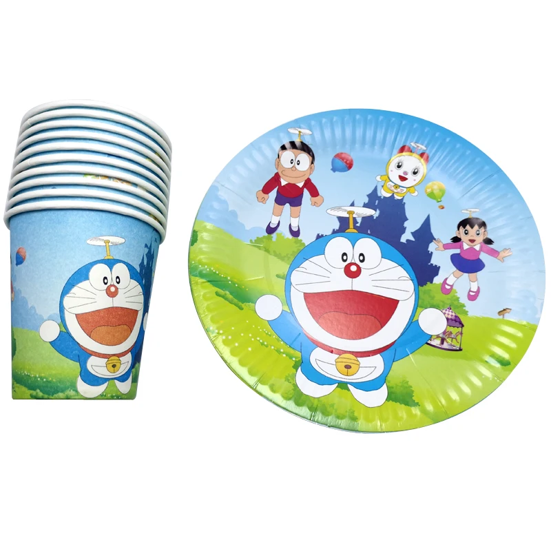 60 шт Doraemon тема украсить Baby Shower чашки тарелки Дети сувениры посуда Стекло на дни