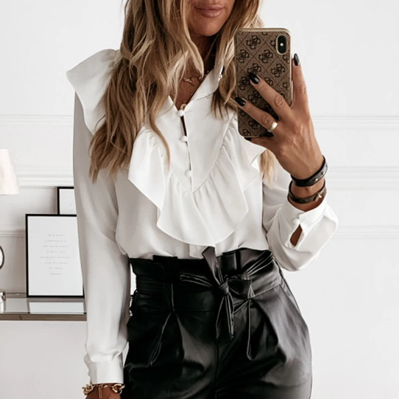 Longa com Decote em v Senhoras Polka Print Plissado Blusa Camisa 2021 Outono Inverno Manga Camisas Tops Elegante Escritório Feminino Botão Dot 12 2020 outono inverno manga longa com decote