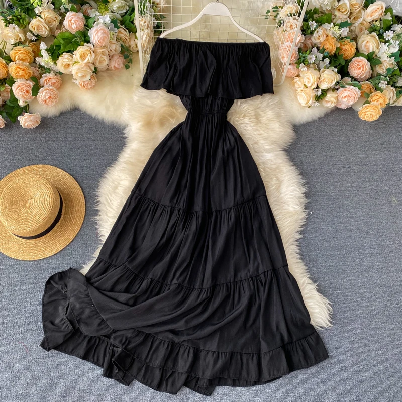 SINGRAIN Women Summer Off Shoulder Maxi Dress Solid Ruffles Dress Elegant Romantic A-Line Dress Korean Sexy Slash Neck Long Robe