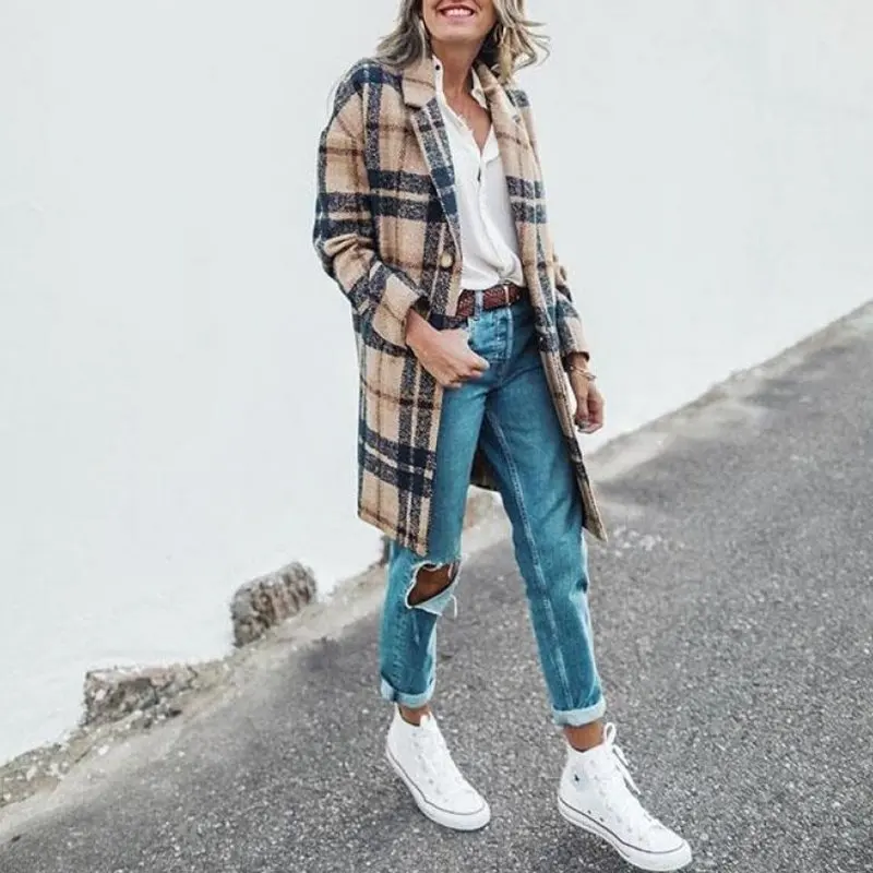 New fashion 2020 brand women's jackets speed Bribe Loose Long Fund Lattice Woman Woolen Loose Coat