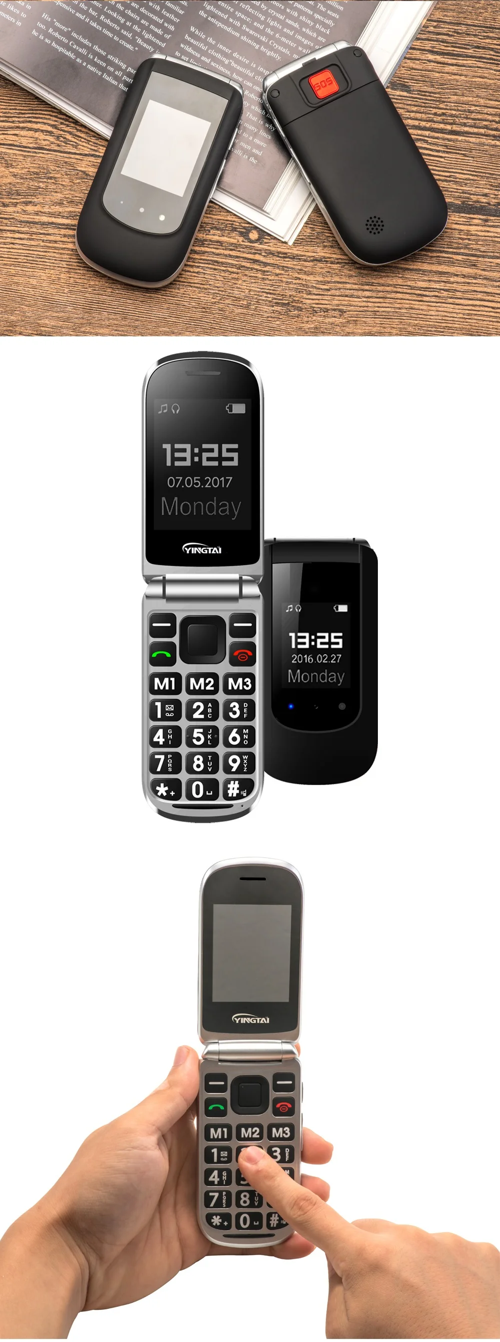 YingTai T09 флип-телефон GSM 2G Функция Телефон Большой кнопочный двойной экран раскладушка телефон SOS сотовые телефоны FM MP3