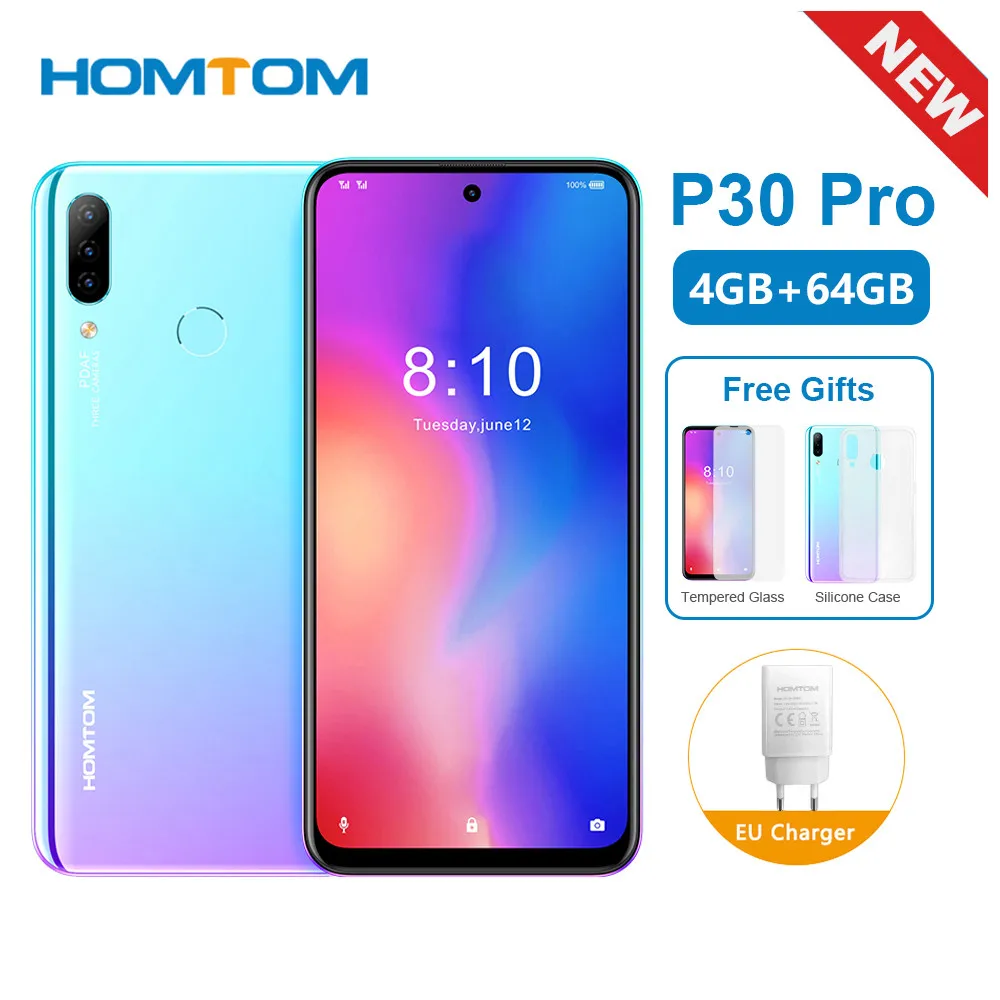 HOMTOM P30 Pro 6,41 дюймов Android 9,0 мобильный телефон MT6763 Восьмиядерный 4 Гб 64 Гб задняя 13 МП Тройная камера смартфон
