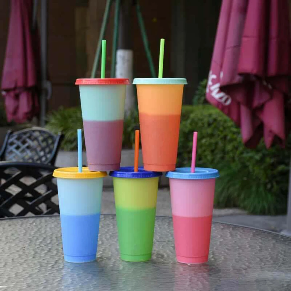

5pcs Color Changing Cold Drink Water Cups Reusable Temperature Sensitive Plastic Colorful Coffee Cup with Lids and Straws