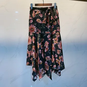 

Floral Printed Women Midi Skirt Retro Irregular High Waist Lace-up Lady Holiday Long Skirts 2020 New