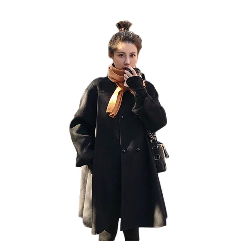 

Korean Fashion Woolen Coat 2021 New Style Female Autumn And Winter Hepburn Small Loose Cape Black Woolen Coat Mid-Length Y597