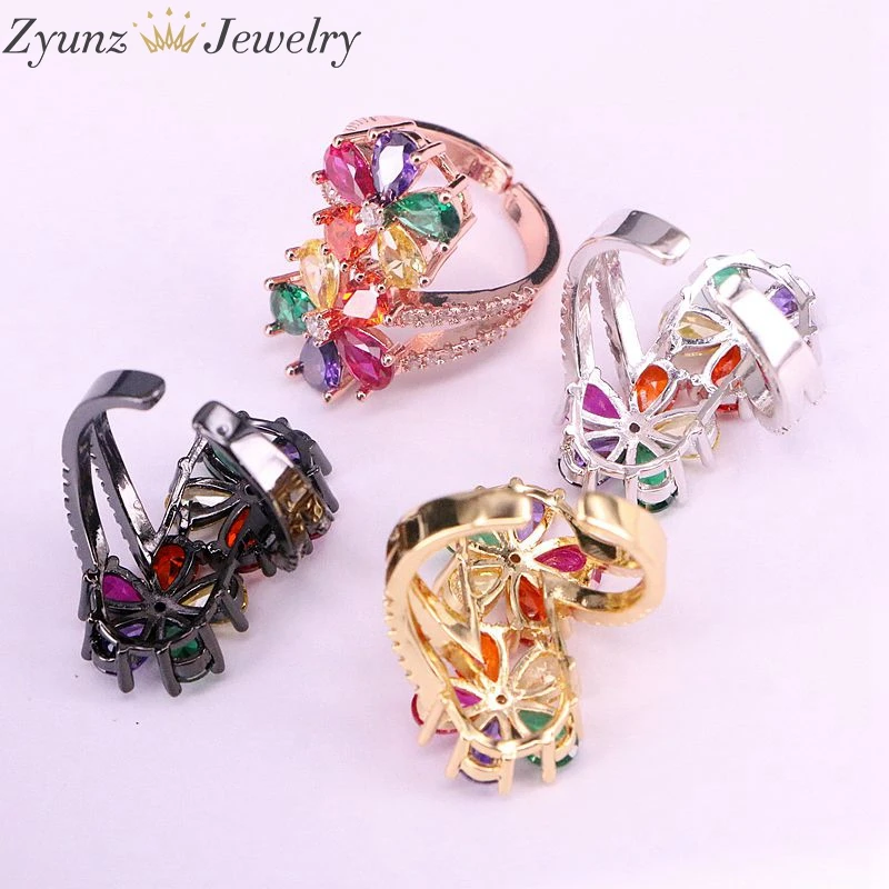 5PCS, Fashion Women Rainbow Multicolor Cubic Zirconia CZ Double Flowers Ring