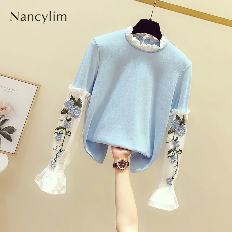 

Hoodies New Fresh Flower Embroidered Horn Sleeve Stand Collar Pullover for Women Autumn Winter 2019 Casual Hoodie Sweatshirt