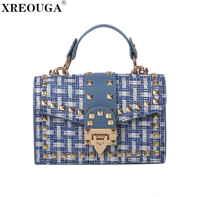 

Designer Lock Women Bags Luxury Rivet Handbags 2019 Sac A Main Tweed Wide Strap Totes Plaid Crossbody Messenger Bags For Women