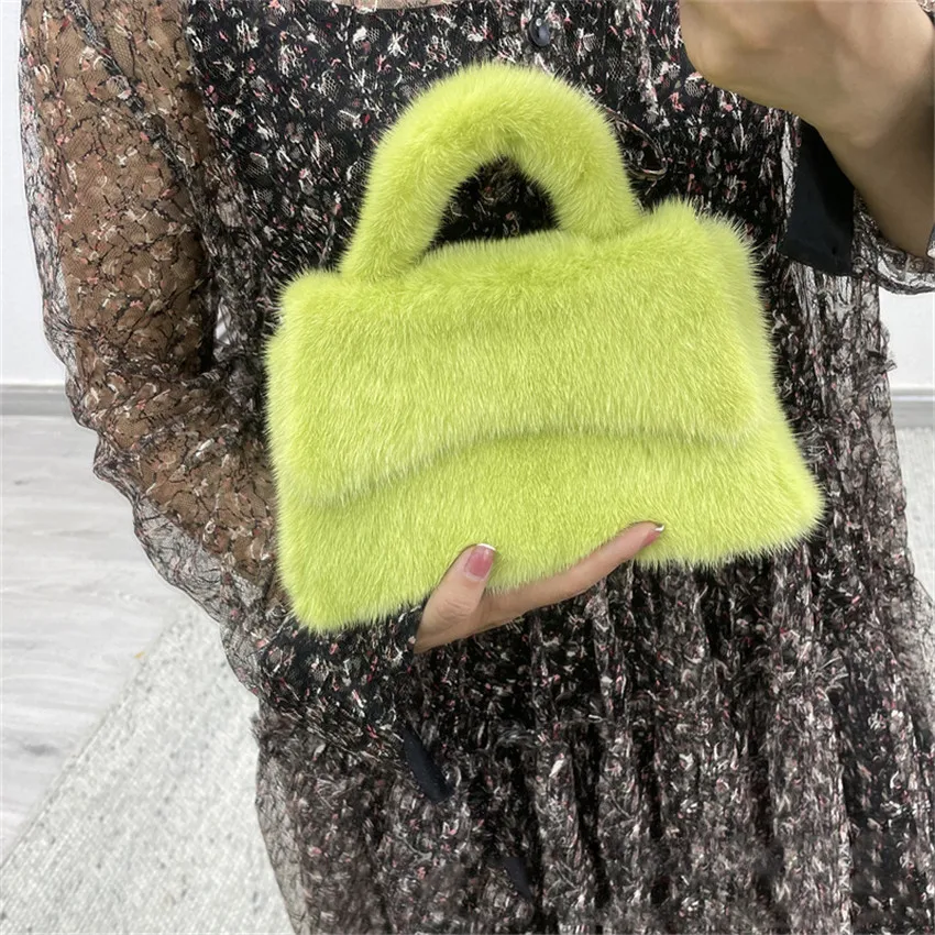 Female Mink Leather Solid Color Plush Casual Lady Handbag Shoulder Fashion Exquisite Shopping Bag_voghion.com