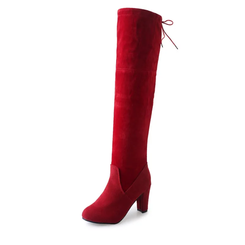 Red Winter Shoes Woman Fashion Over The Knee Sexy High Heels Slim Winter Boots Women Shoes Flock Snow Boots - Цвет: Red