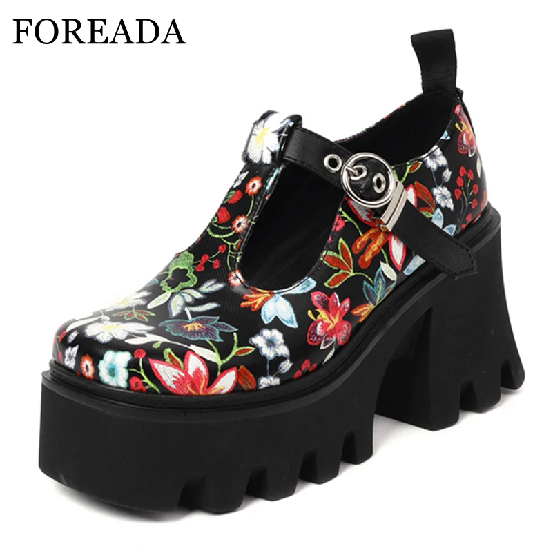 

FOREADA T-tied Gothic Shoes PU Leather Platform Block High Heels Pumps Round Toe Fashion Buckle Print Female Footwear Autumn 43