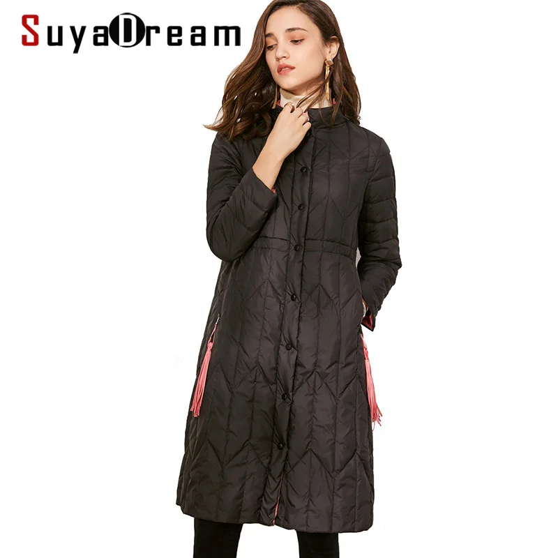 SuyaDream женские пуховые пальто со стоячим воротником, одноцветные Стеганые Длинные теплые парки, зимняя длинная верхняя одежда